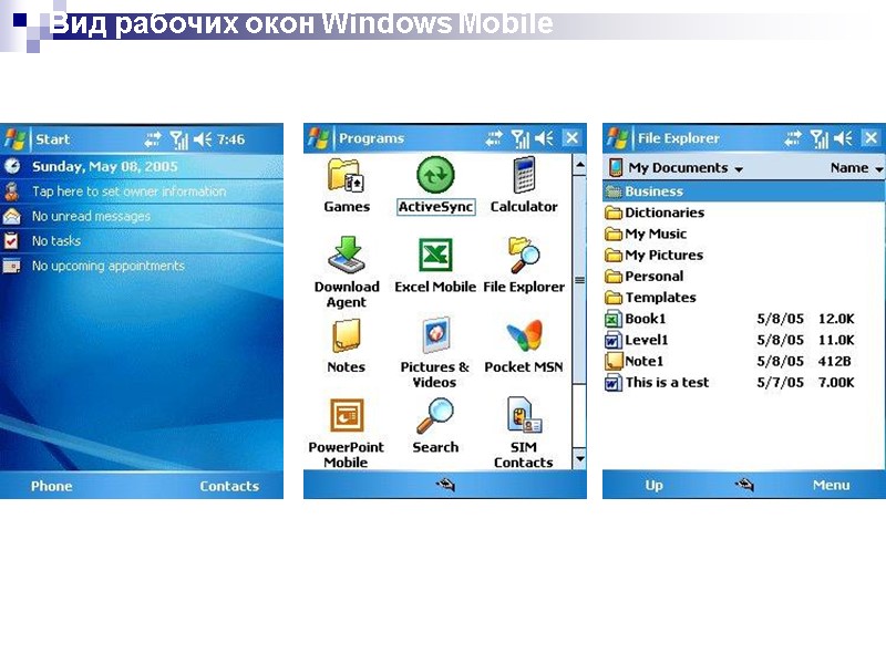 Вид рабочих окон Windows Mobile